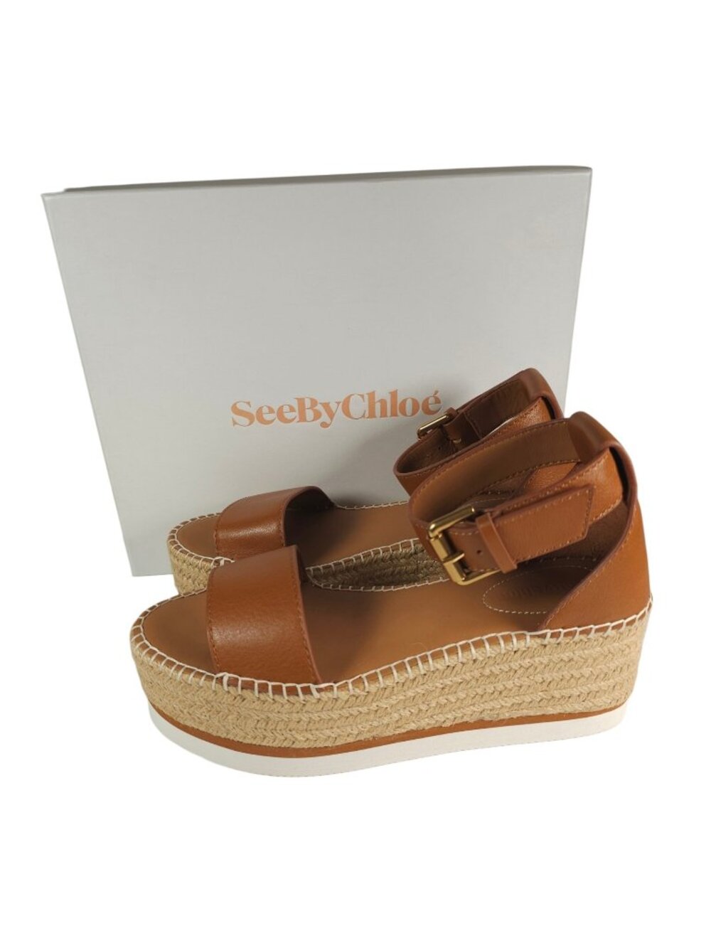 SEE BY CHLOE Glyn Platform Espadrille Sandals Tan Leather EU 38 US 8